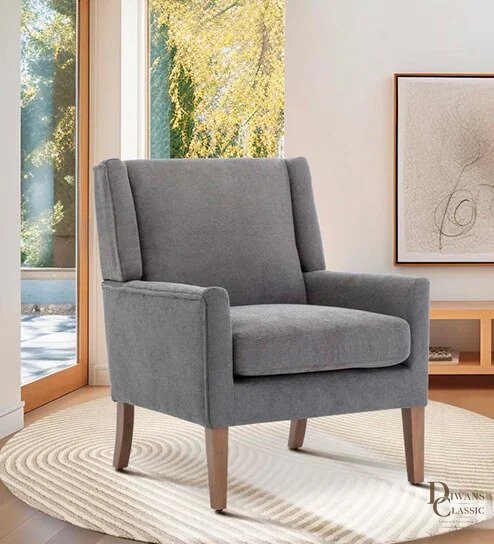 Manzar Upholstered Fabric Lounge Chair in Off White Colour — Diwans Classic