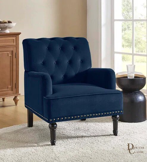 Widad Tufted Back Fabric Lounge Chair In Blue Colour — Diwans Classic