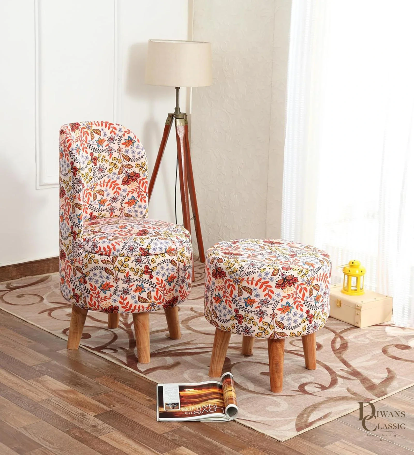 Cream Floral Printed Chair & Stool in Natural Finish — Diwans Classic