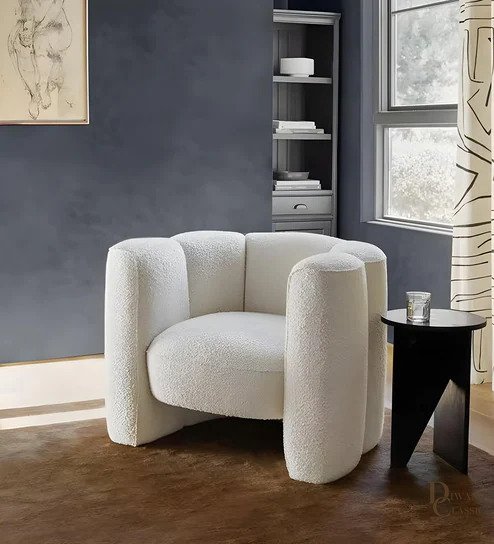 Dhahab Boucle Barrel Chair In Ivory Colour — Diwans Classic