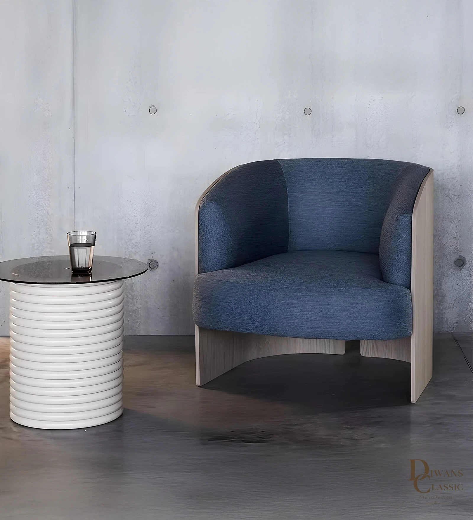 Kafur Boucle Barrel Chair In Blue Colour — Diwans Classic